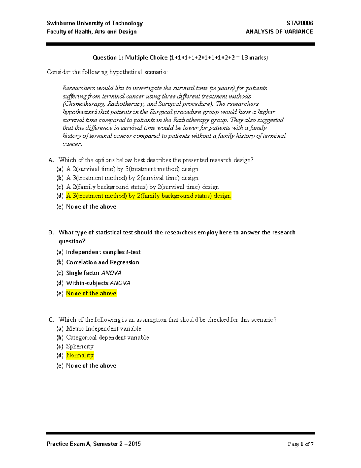 STA20006 Analysis of Variance Practice exam 1 solutions-2 - Faculty of ...