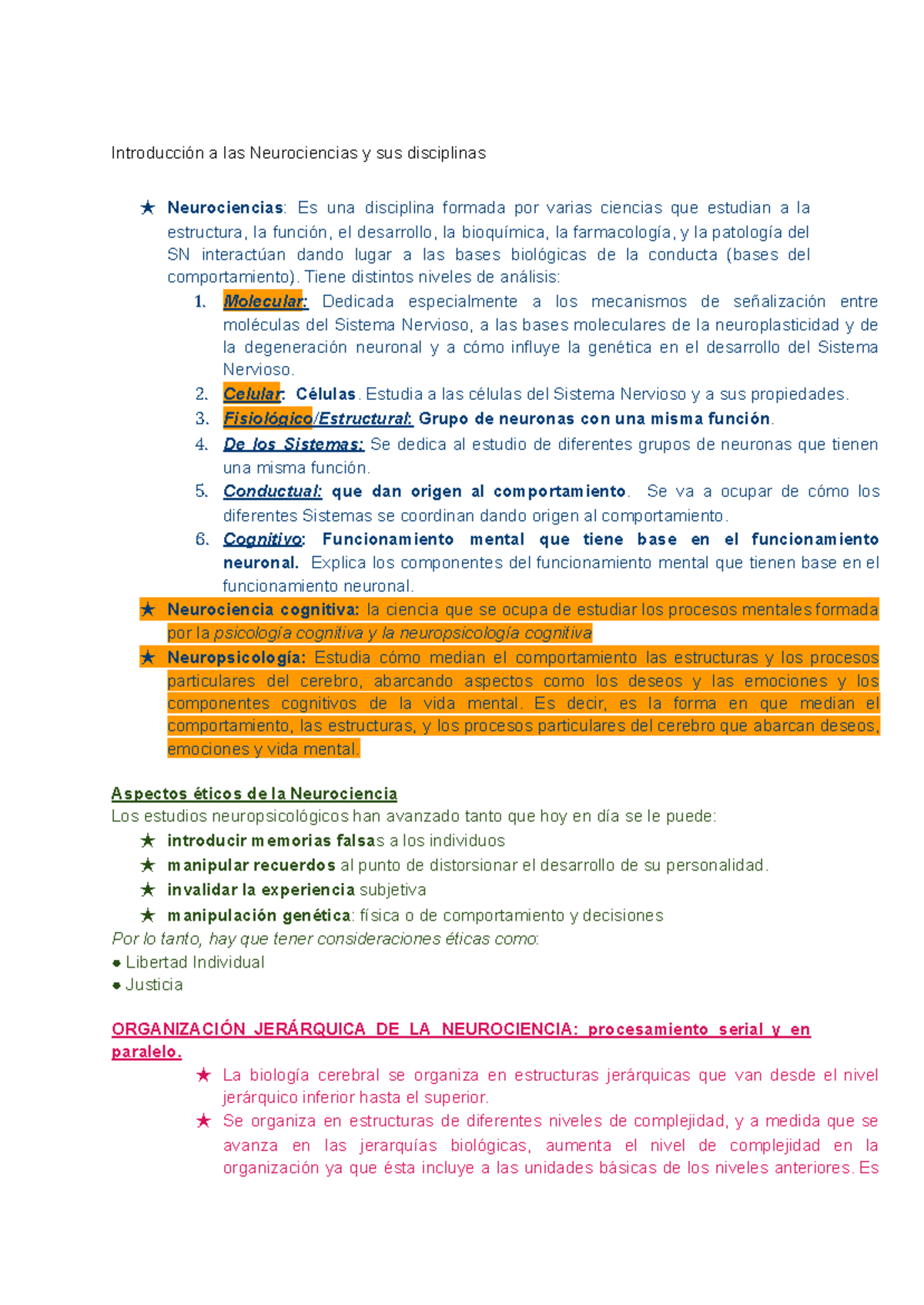 resumen para final neurociencias 1 - Introducción a las Neurociencias y ...