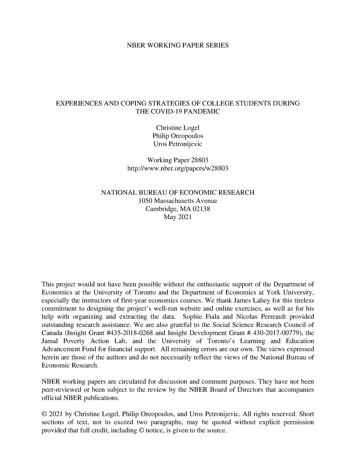 W28803 - Random - NBER WORKING PAPER SERIES EXPERIENCES AND COPING ...