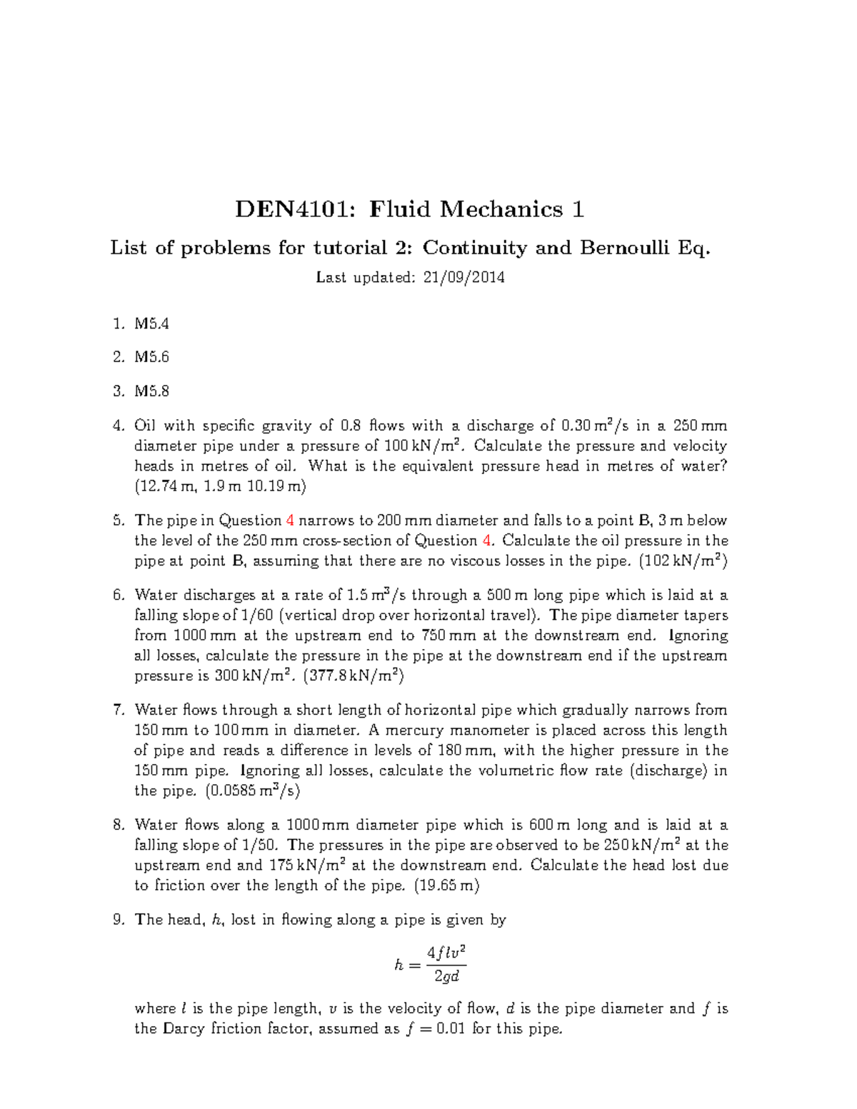 Problem Set 2 - Continuity and Bernoulli Eq - DEN4101: Fluid Mechanics ...