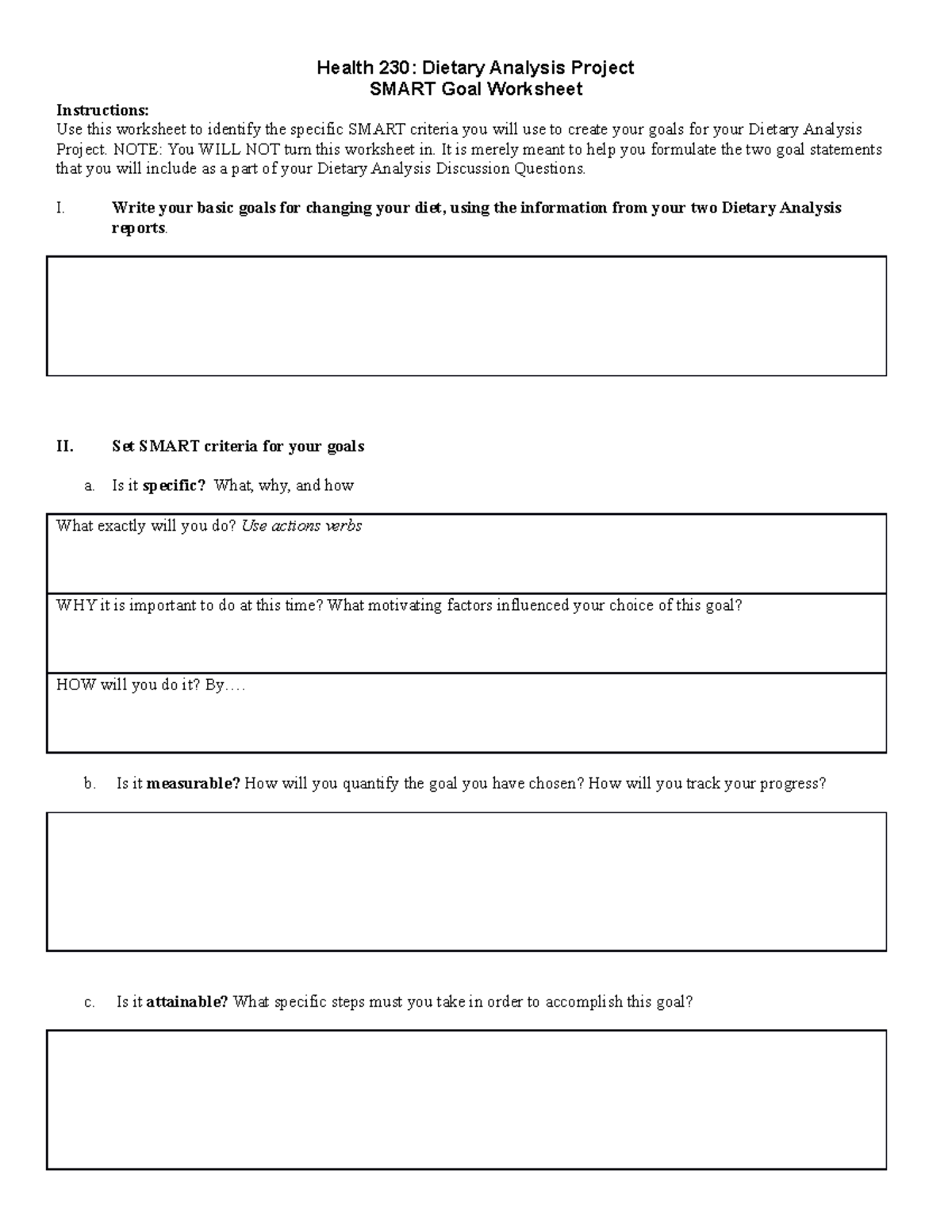 Smart goal worksheet - Health 230: Dietary Analysis Project SMART Goal ...