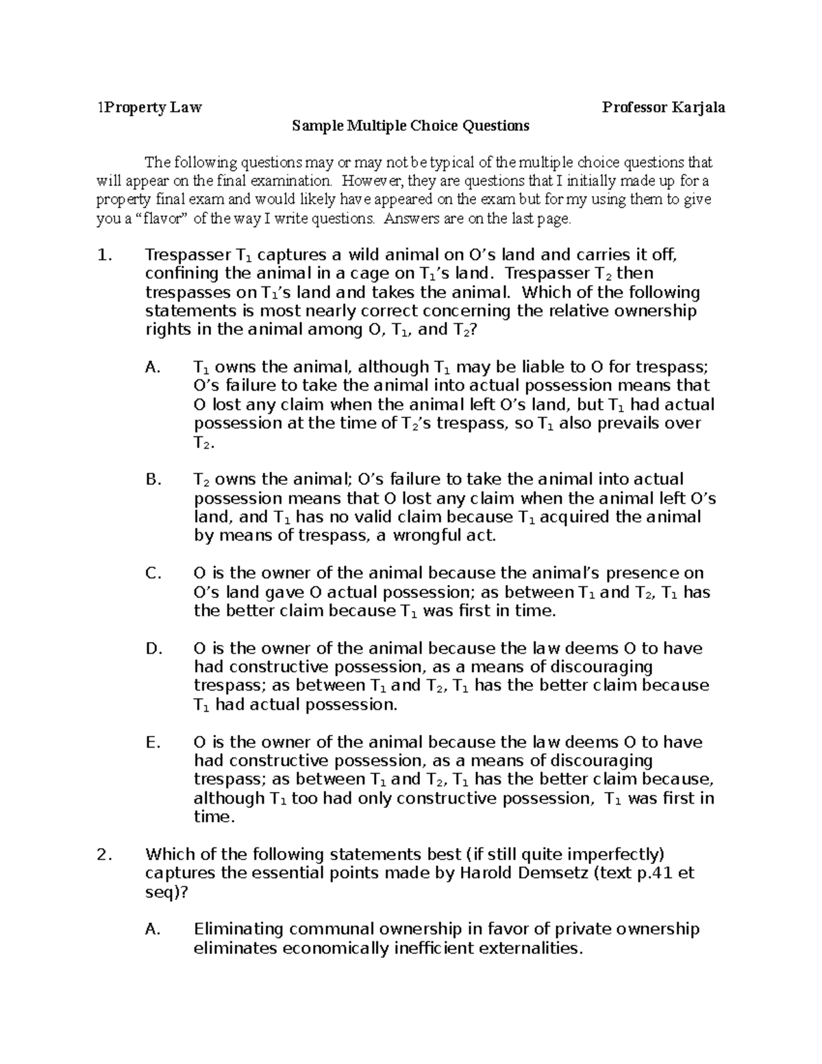 Sample MCQuestions spring 2014 - 1Property Law Professor Karjala Sample ...