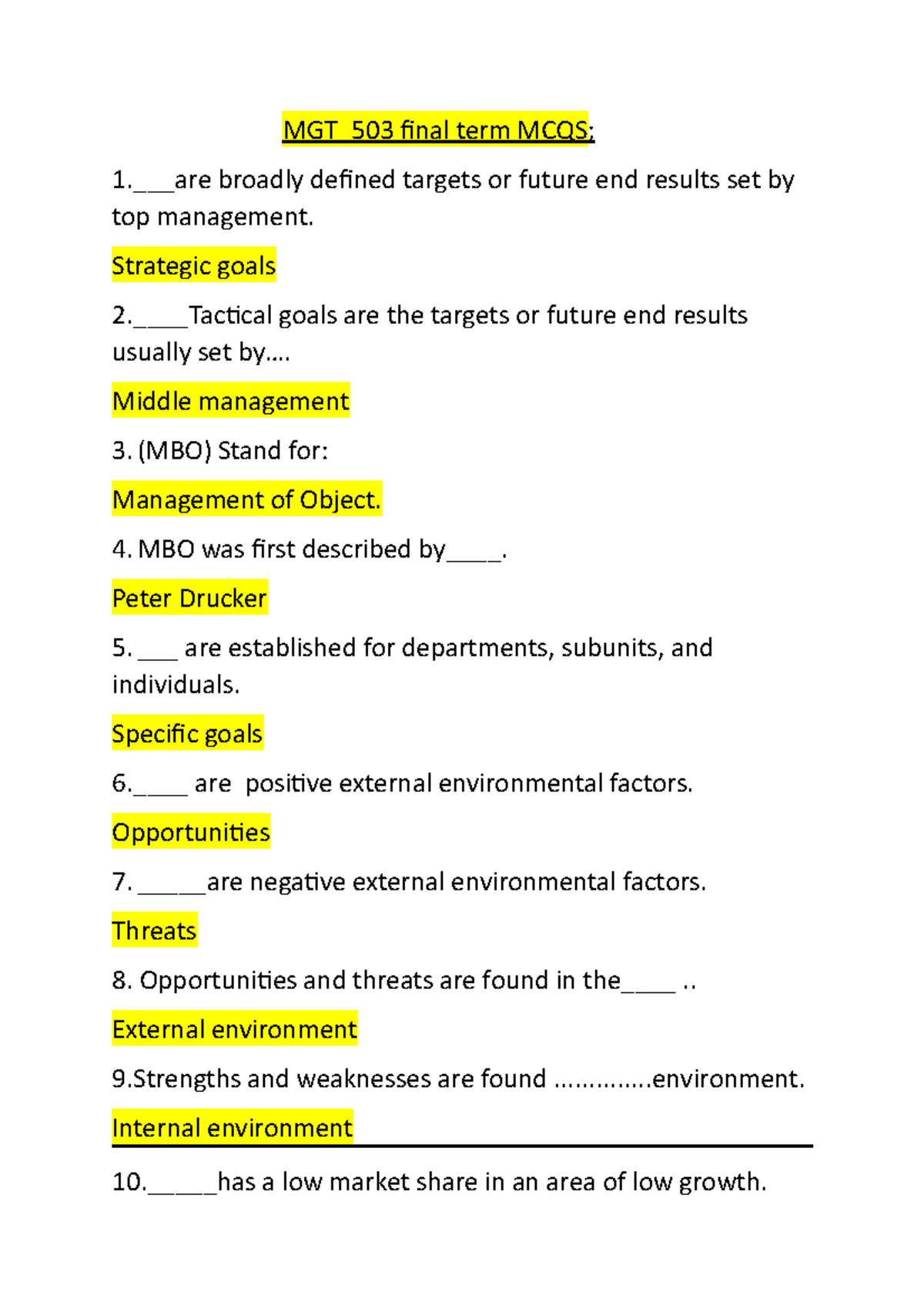 Mgt Imp Mcqs Mgt Final Term Mcqs Are Broadly Defined Targets Or Future End Results Set