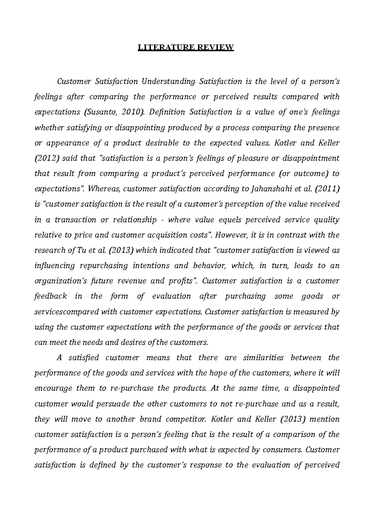 literature review customer satisfaction example