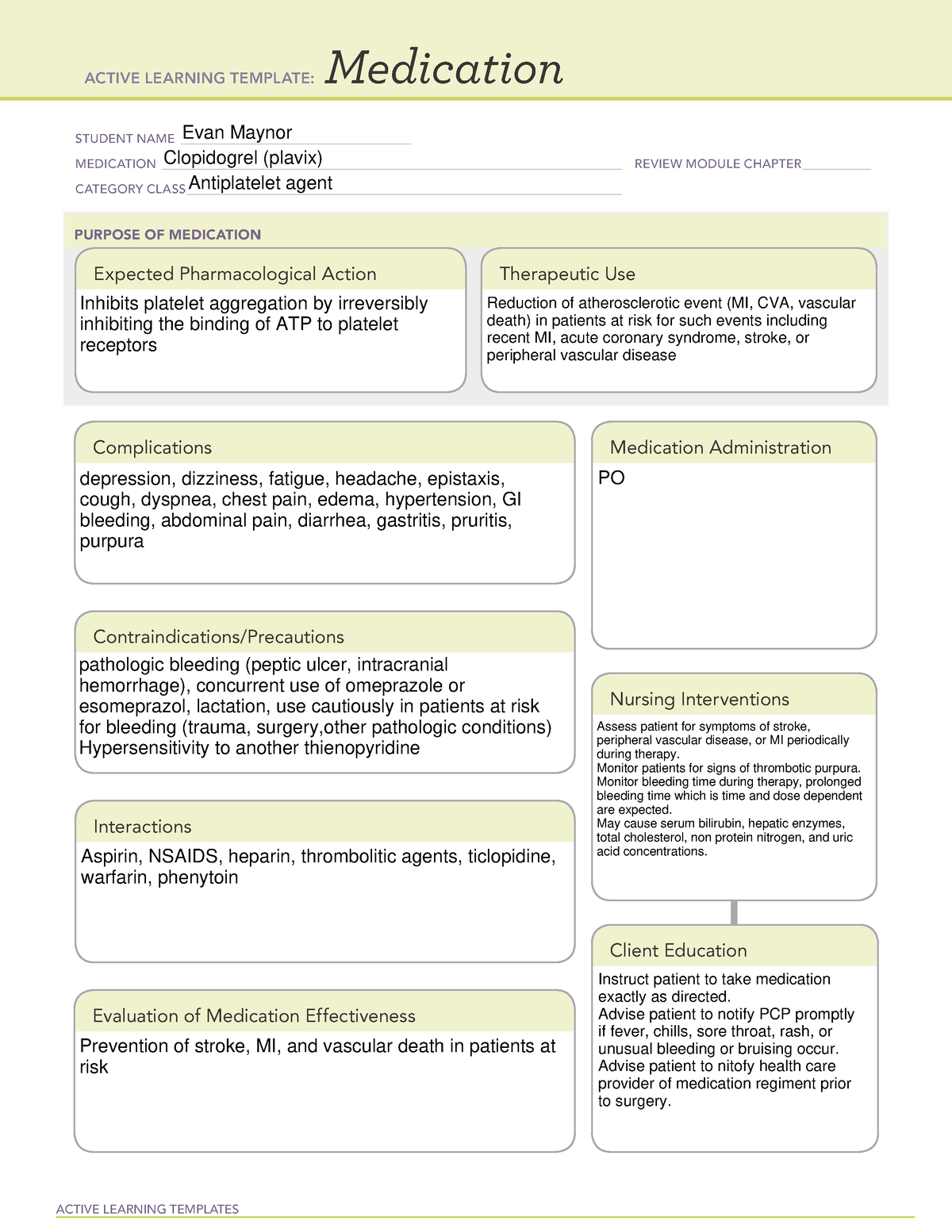 Clopidogrel Med Sheet - ACTIVE LEARNING TEMPLATES Medication STUDENT ...