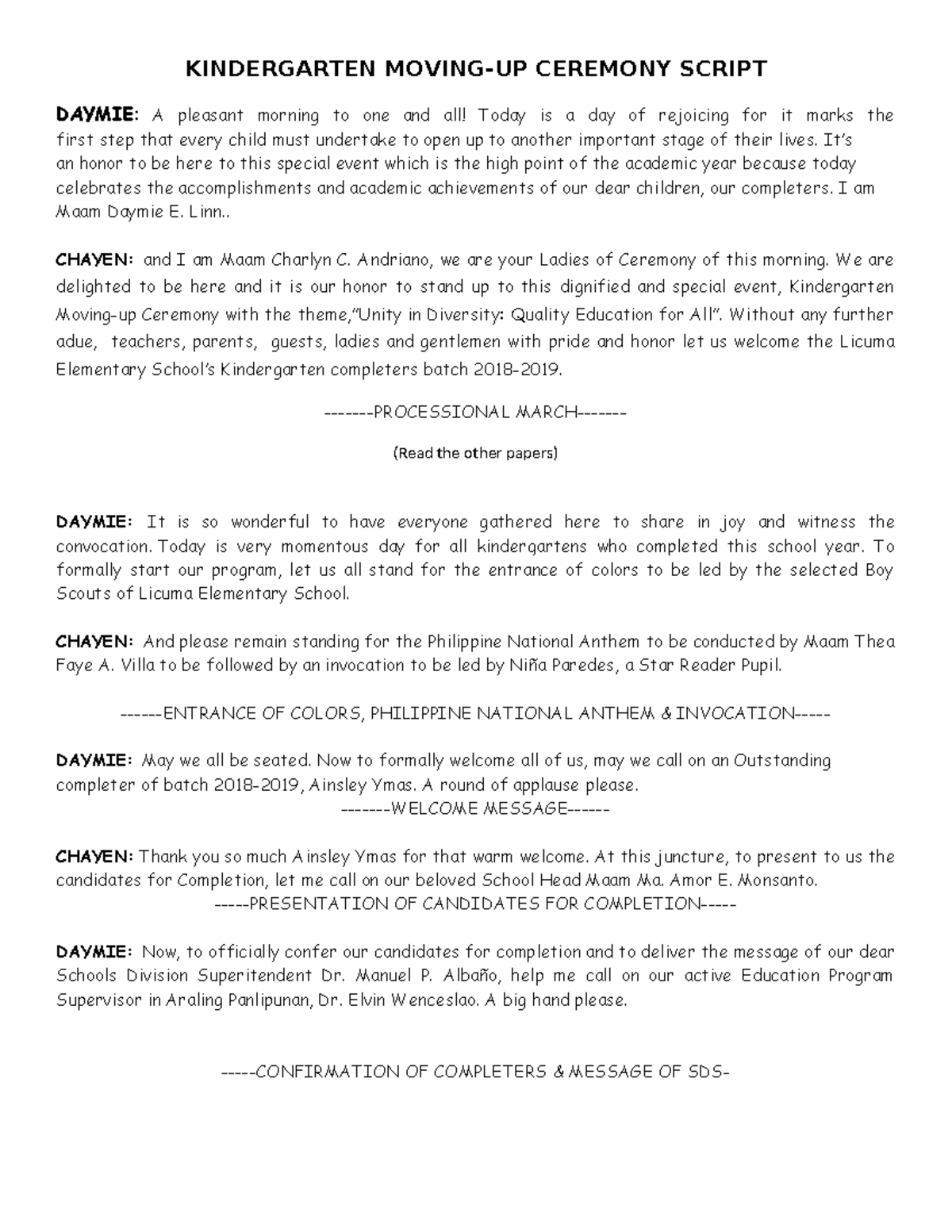 404364010 Kindergarten Moving UP Script docx - KINDERGARTEN MOVING-UP ...