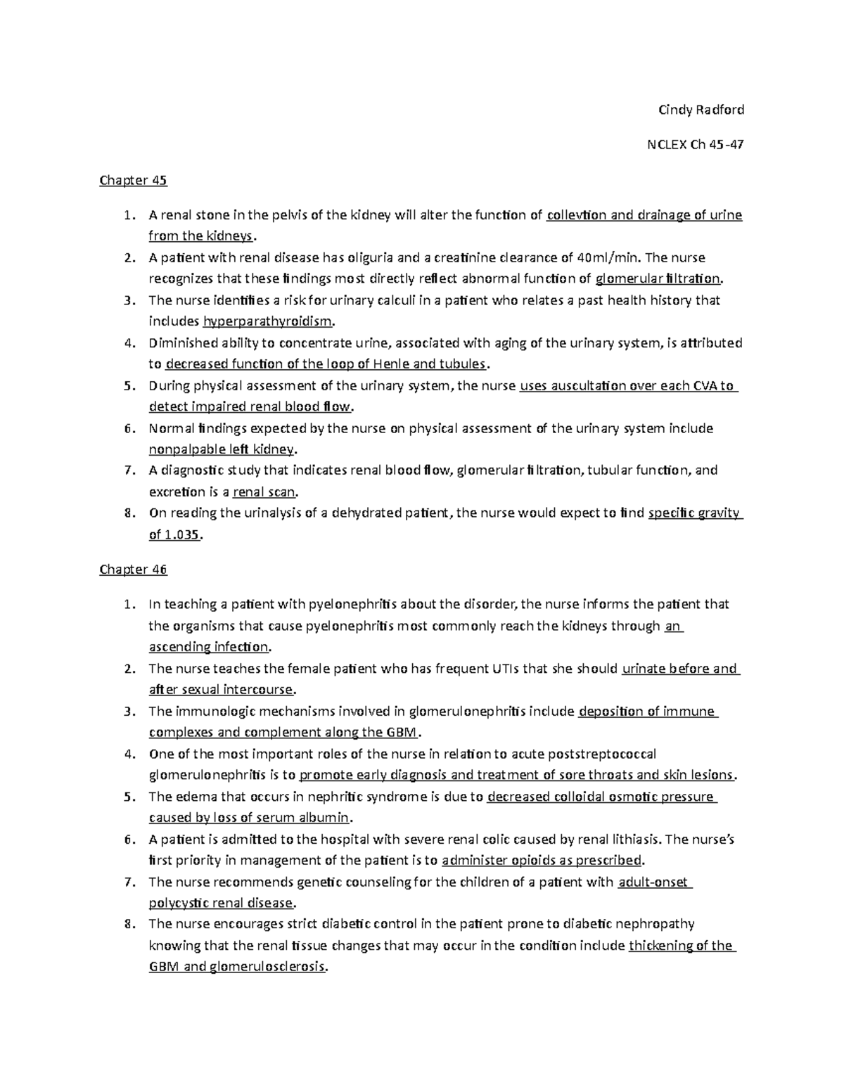 Ch 45-47 Nclex - Cindy Radford NCLEX Ch 45- Chapter 45 A Renal Stone In The Pelvis Of The Kidney ...