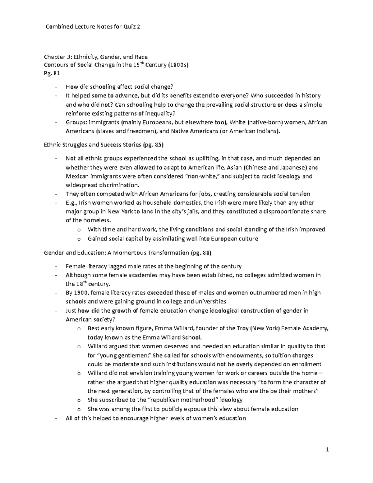 Combined lecture notes quiz 2 - Chapter 3: Ethnicity, Gender, and Race ...