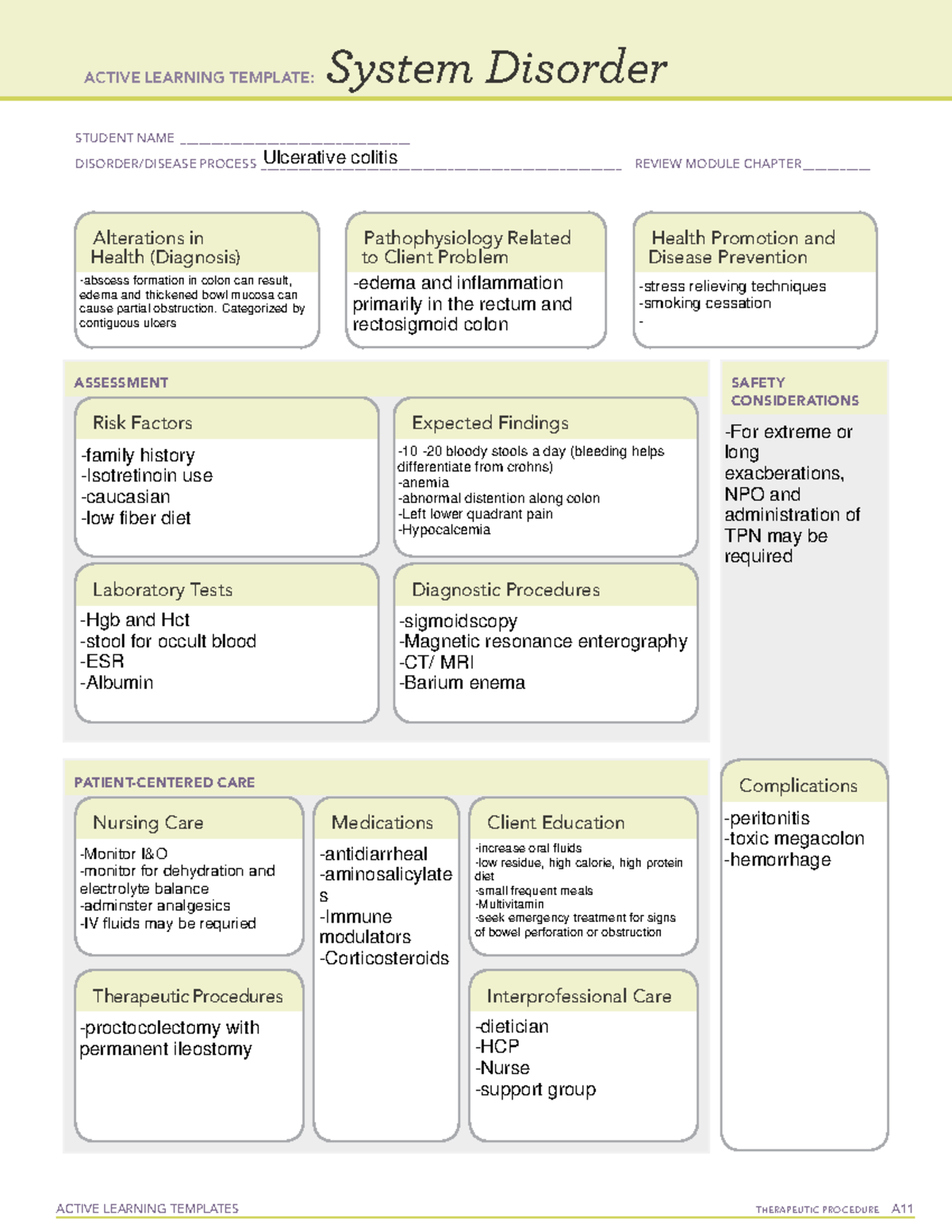 system disorder Ulcerative Colitis ACTIVE LEARNING TEMPLATES