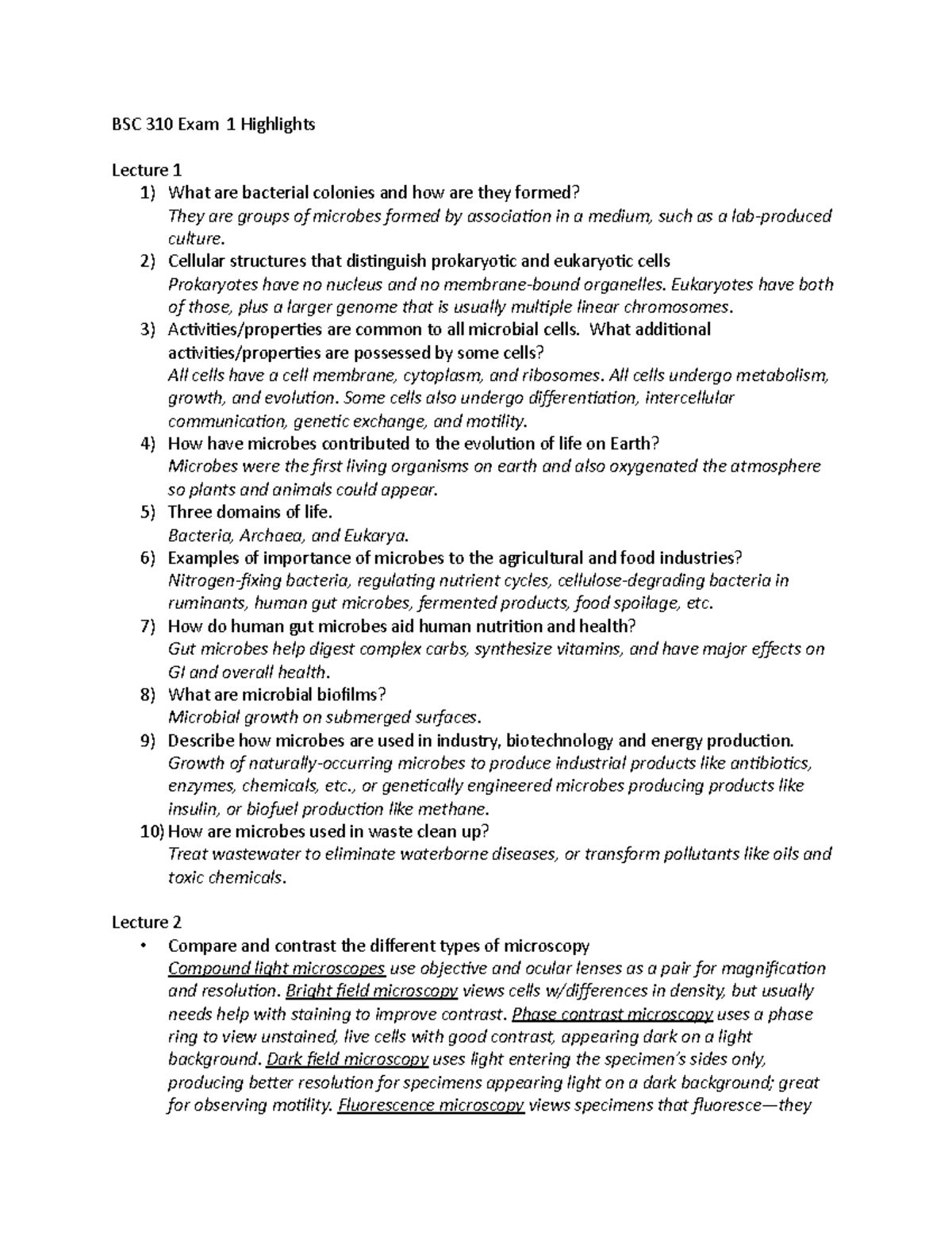 BSC 310 Exam 1 Study Guide - BSC 310 Exam 1 Highlights Lecture 1 1 ...