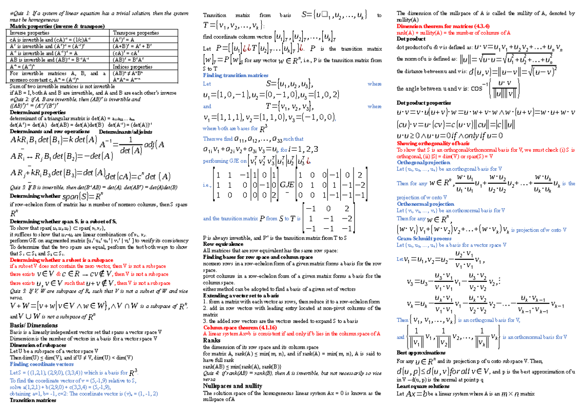 MA2001 Cheatsheet - Summary Linear Algebra I - Determinants/adjoints A ...