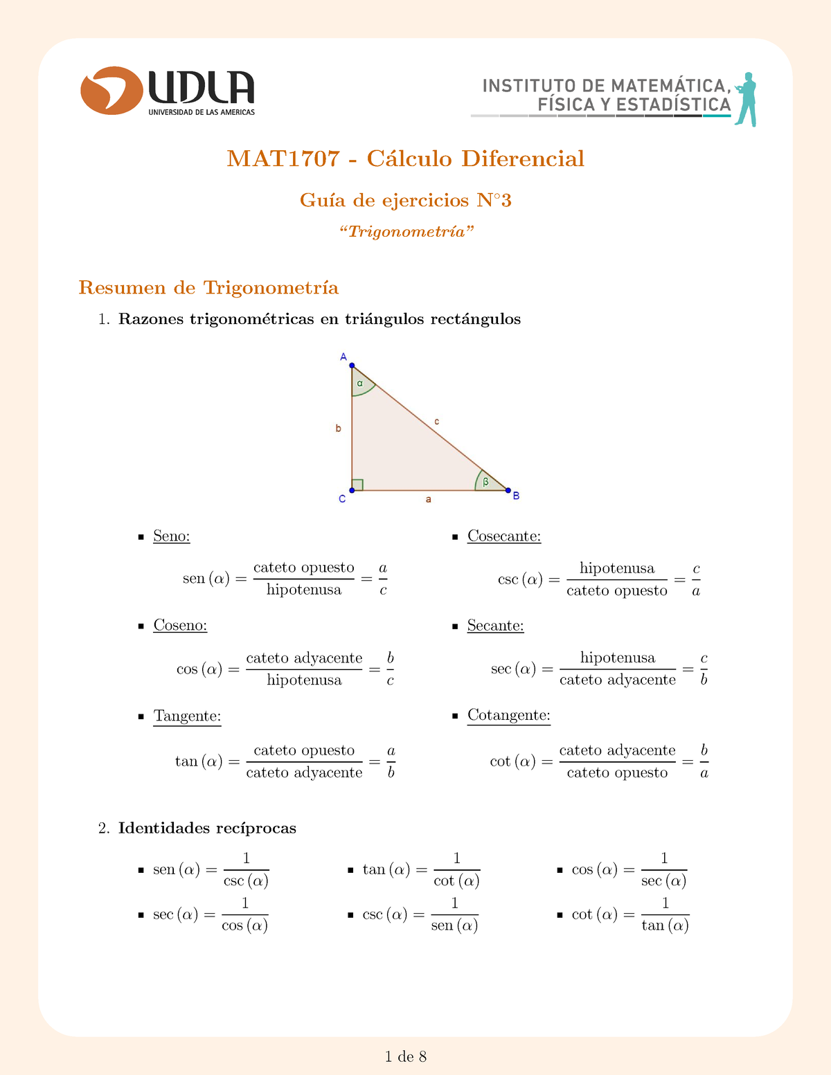 Resumen Trigonometría - MAT1707 - C ́alculo Diferencial Gu ́ıa De ...