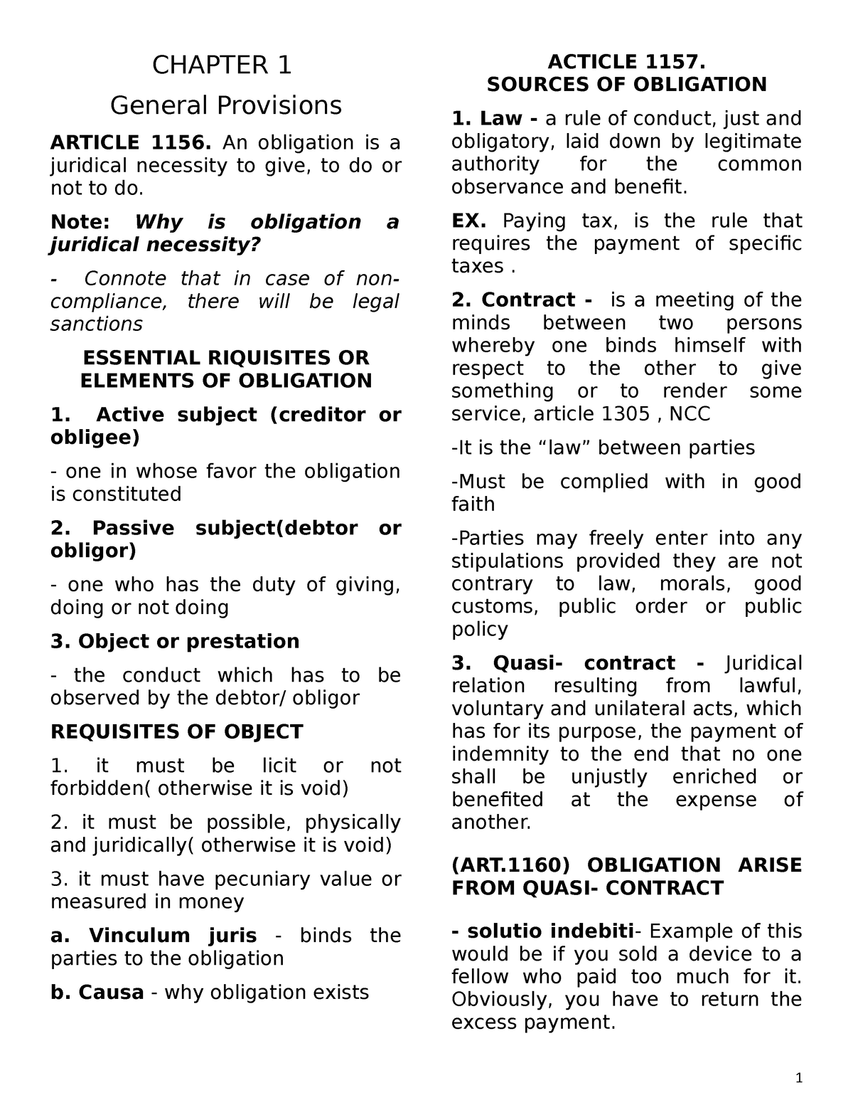 Oblicon Chapter Chapter General Provisions Article An Obligation Is A Juridical