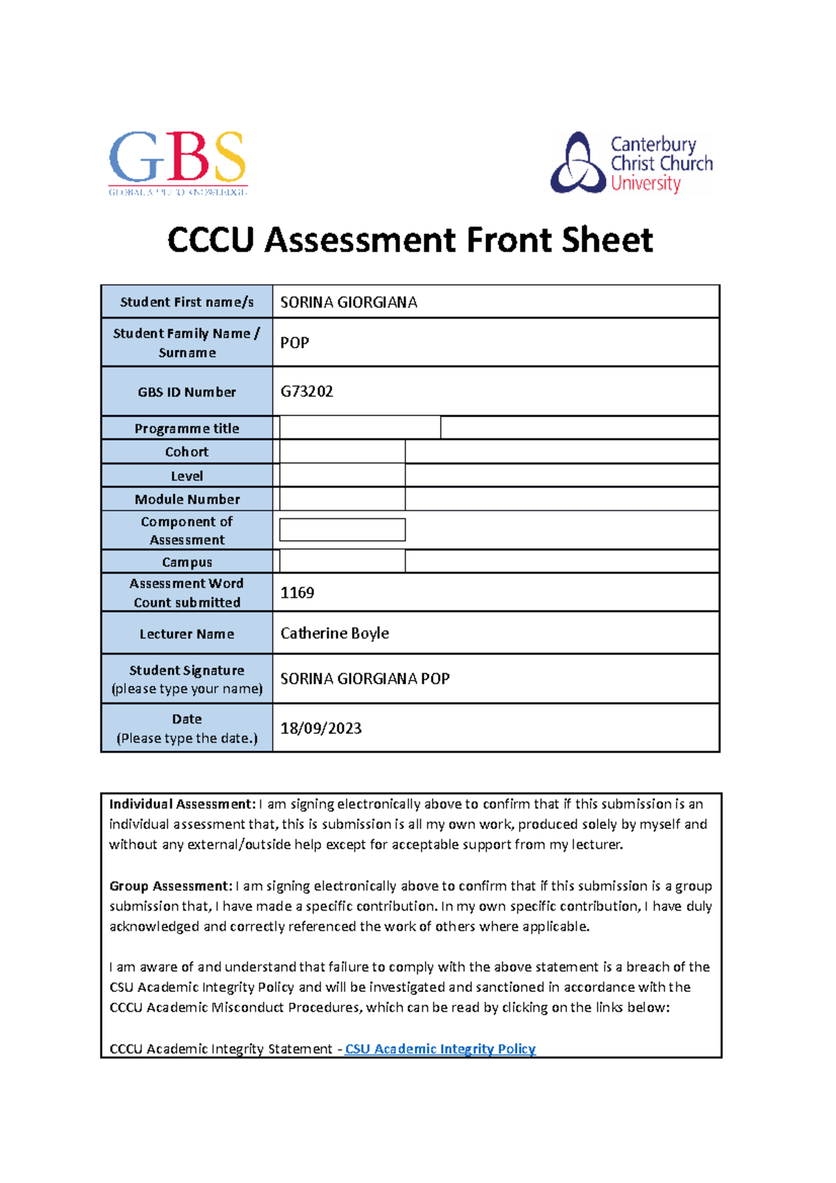 Skills Essay - CCCU Assessment Front Sheet Student First name/s SORINA ...