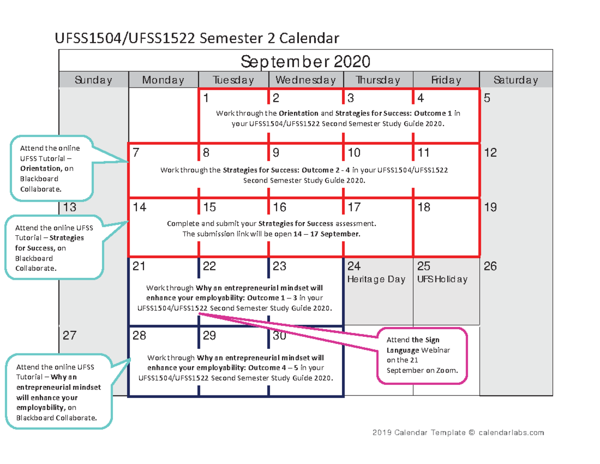 UFSS Semester 2 Student Calendar 2020 BFN - UFSS1504/UFSS1522 Semester