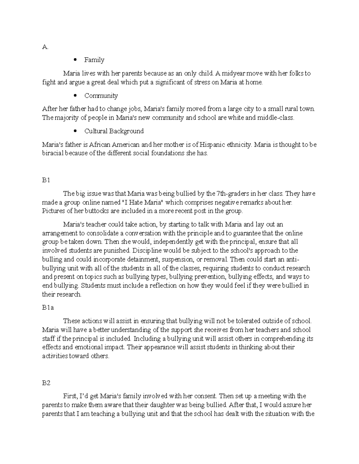 Task 2 The School as a Community of Care - A. Family Maria lives with ...