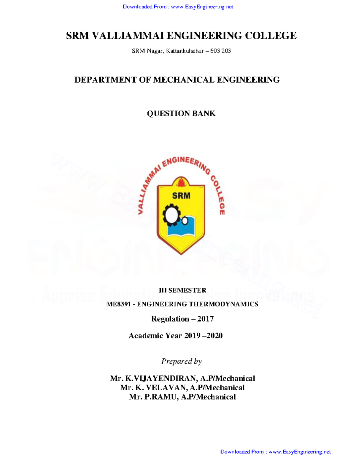 Thermodynamics 7 - SRM VALLIAMMAI ENGINEERING COLLEGE SRM Nagar ...