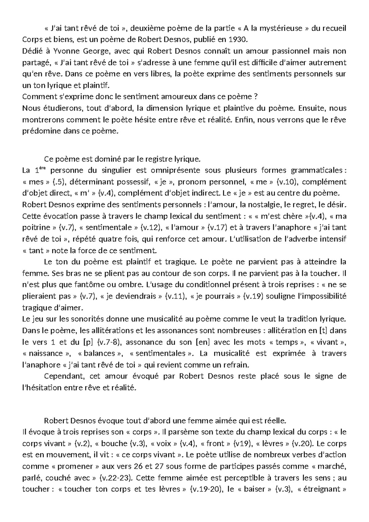 Commentaire composé Robert Desnos « J’ai tant rêvé de toi », deuxième poème de la partie « A