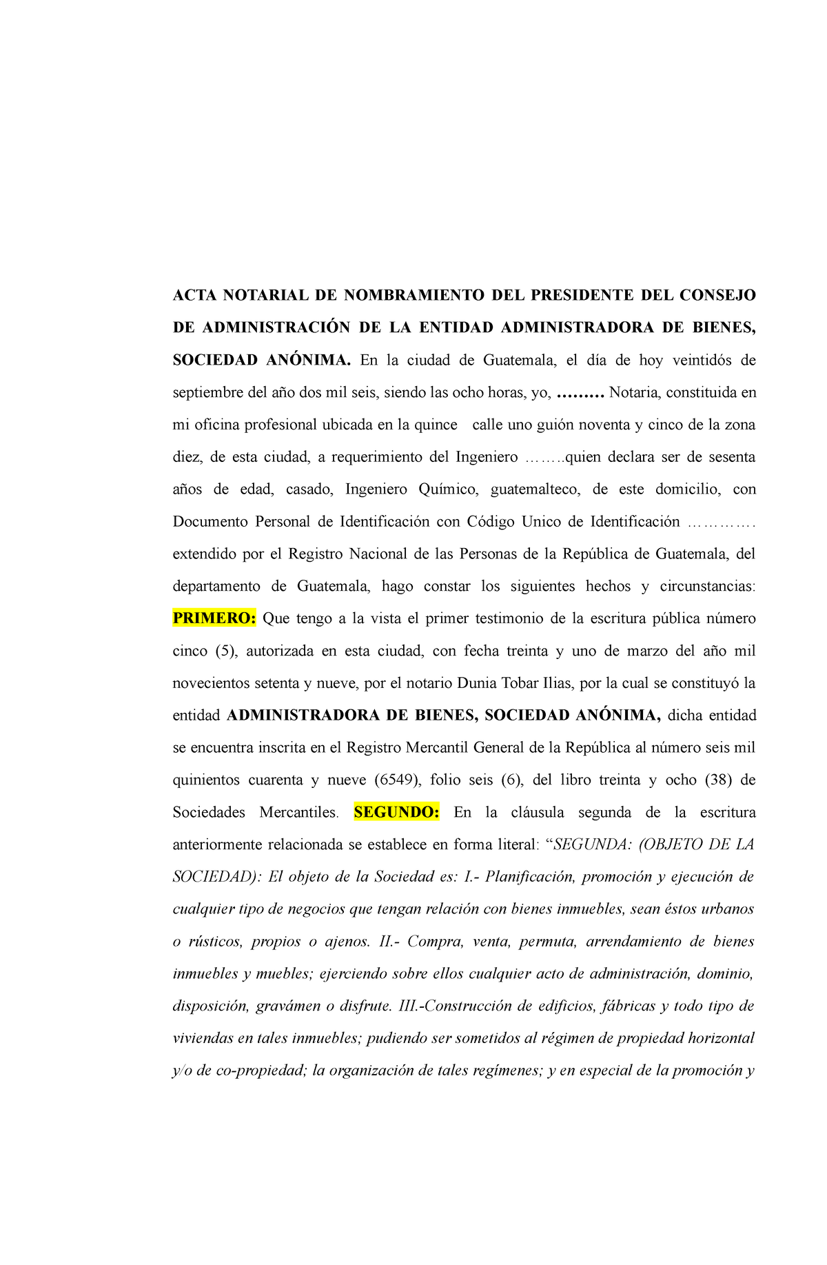 Acta Notarial De Nombramiento Del Presidente Del Consejo De