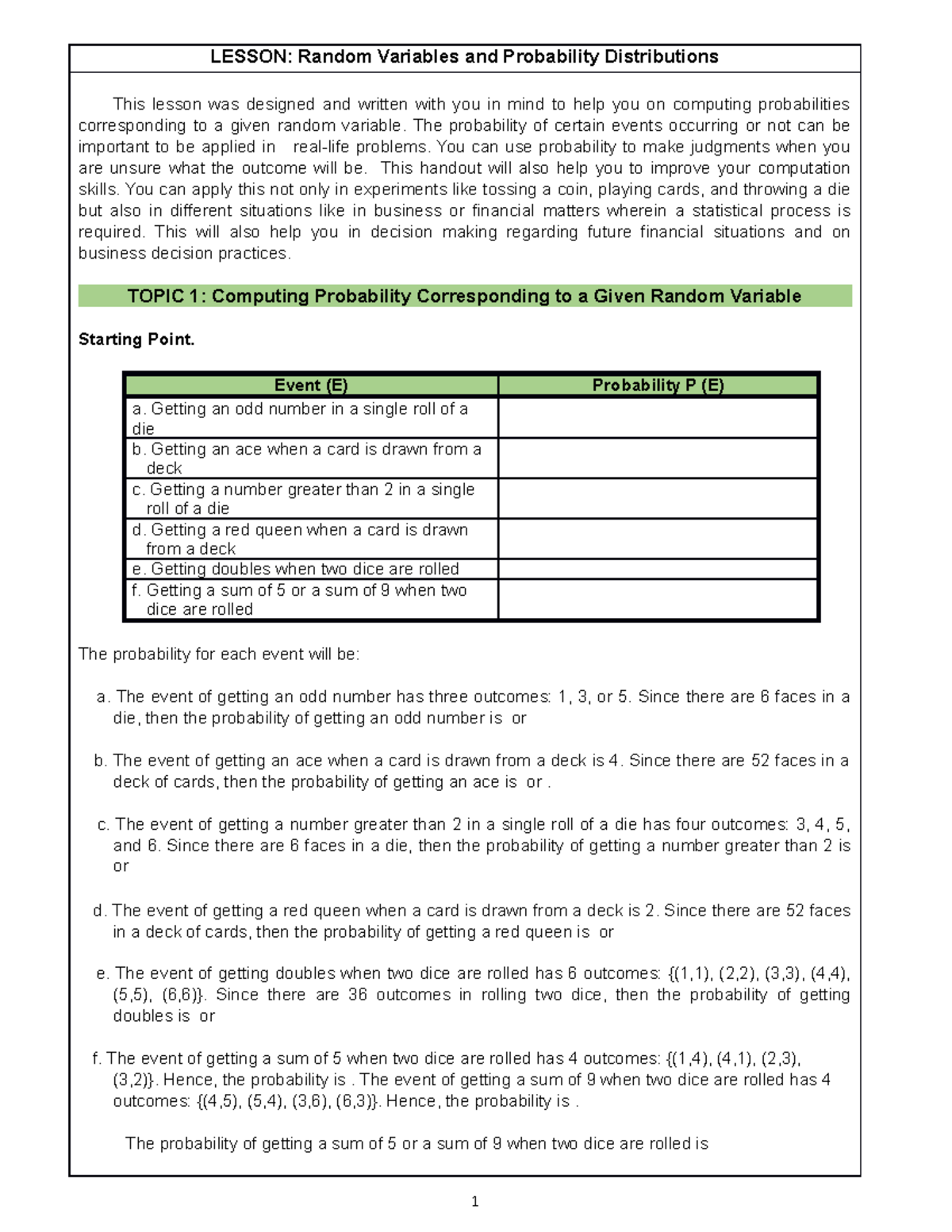 Statistics and Probability Handout Week 2 - LESSON: Random Variables ...