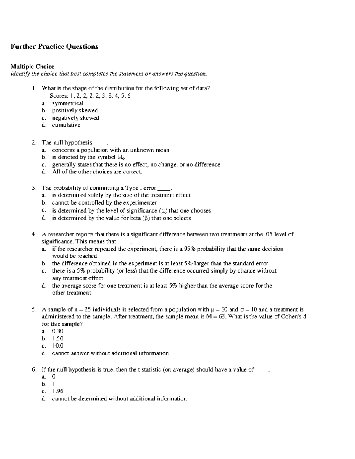 HPS201 Additional Practice questions + Answer Sheet - Further Practice ...