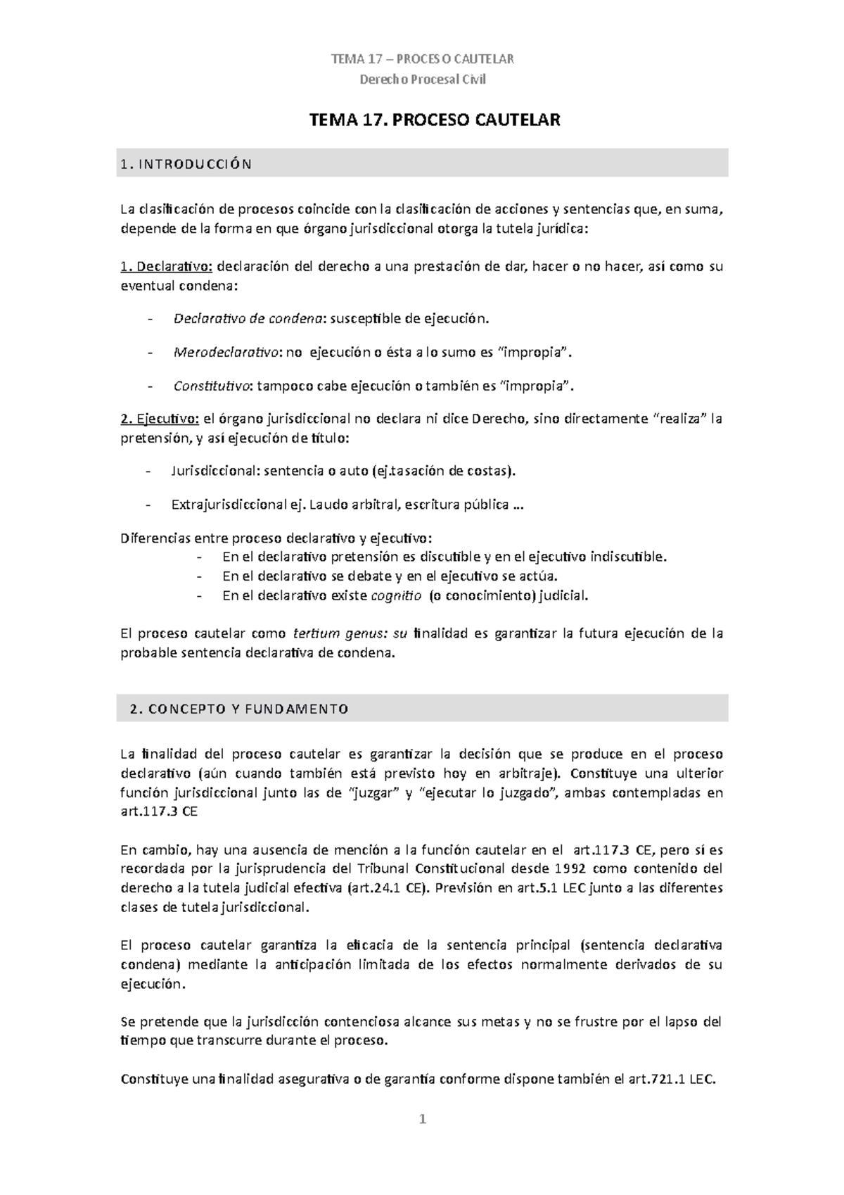 TEMA 17. PROCESO CAUTELAR - TEMA 17 – PROCESO CAUTELAR Derecho Procesal ...