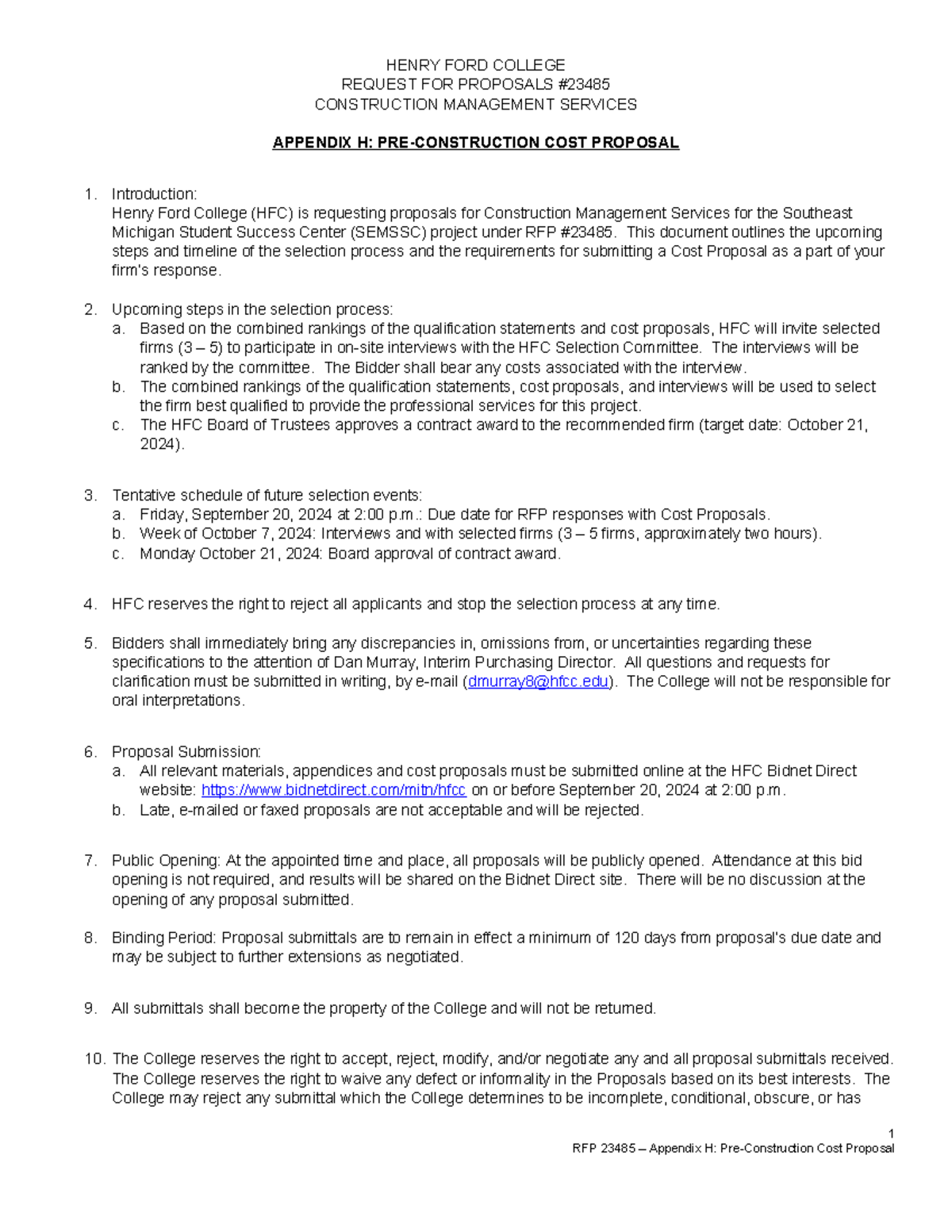 Appendix H Pre-Construction Cost Proposal - HENRY FORD COLLEGE REQUEST ...