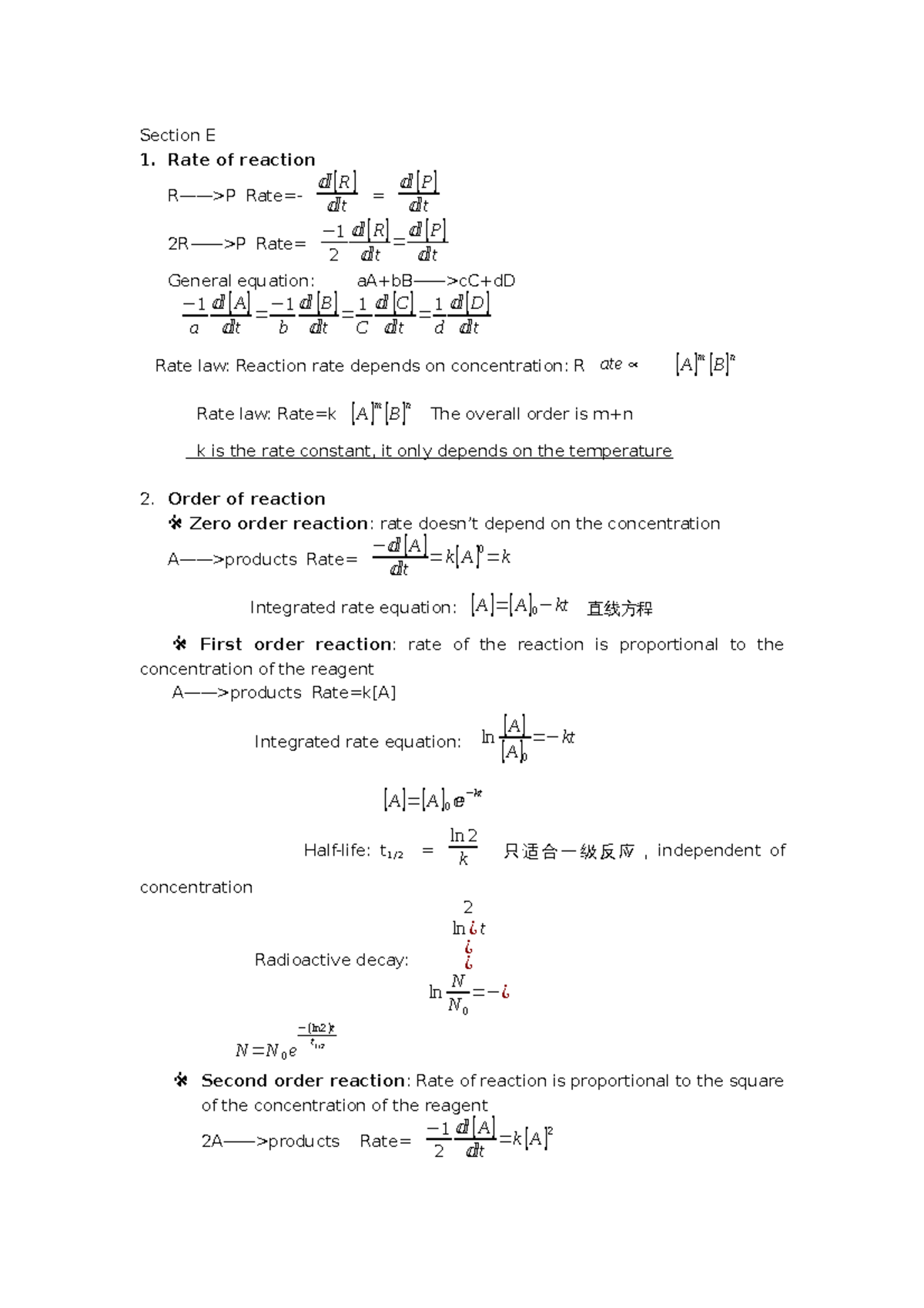 Section E - Rate of reaction R P 2 General equation: A B 1 C 1 D a b C ...