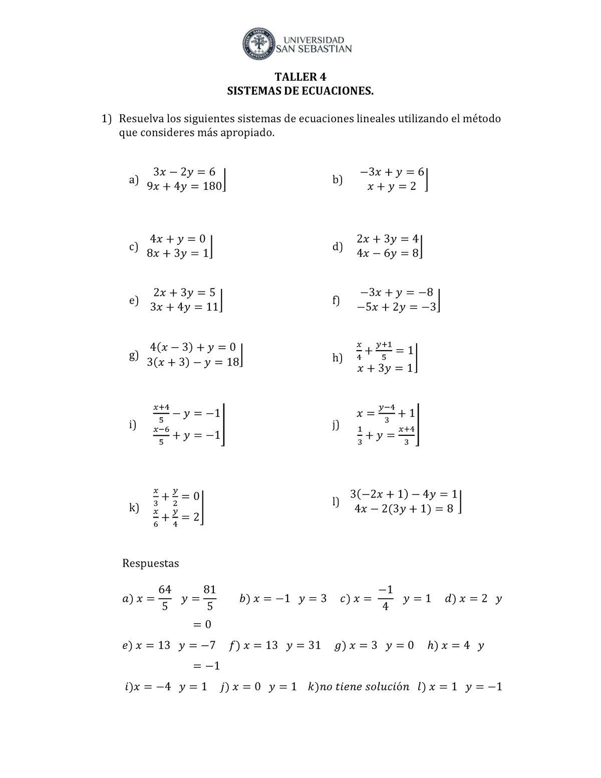 Taller 4 Sistemas De Ecuaciones - TALLER 4 SISTEMAS DE ECUACIONES ...
