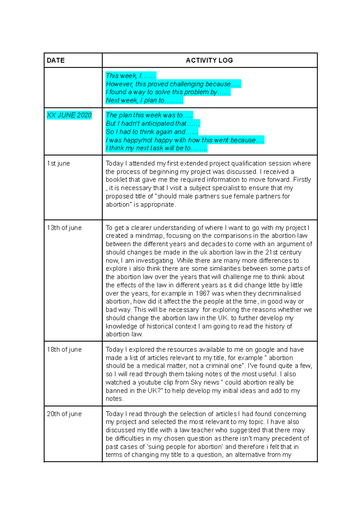 Enrica Ng - EPQ diary (Activity Log) - DATE ACTIVITY LOG This week, I ...