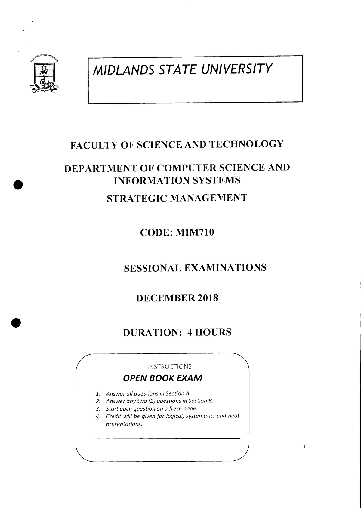 Exam 14 November 2018 Questions Midlands State University