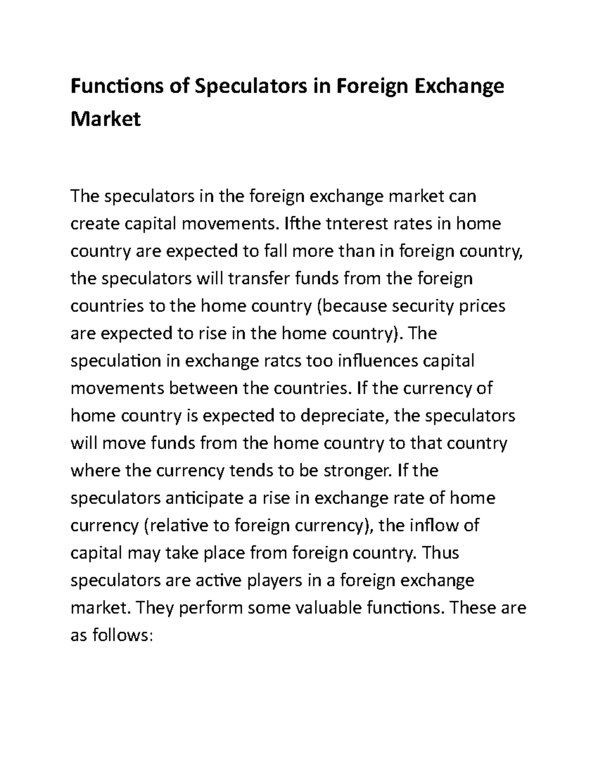 Functions of Speculators in Foreign Exchange Market Functions of