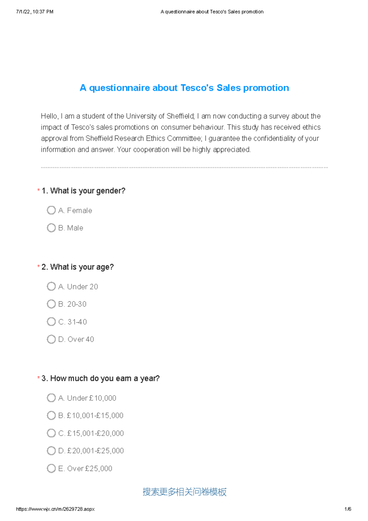 A questionnaire about Tesco's Sales promotion This study has received