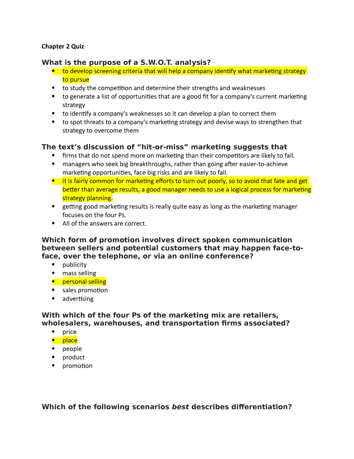 Principles Of Marketing Mkt 3301 Connect Ch 2 Quiz Questions Chapter 2 Quiz What Is The 7452