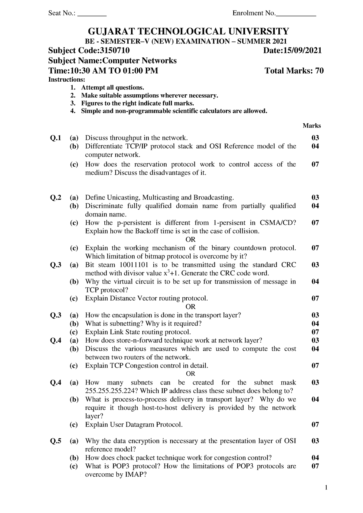 CN - CN last question papers - GUJARAT TECHNOLOGICAL UNIVERSITY BE ...