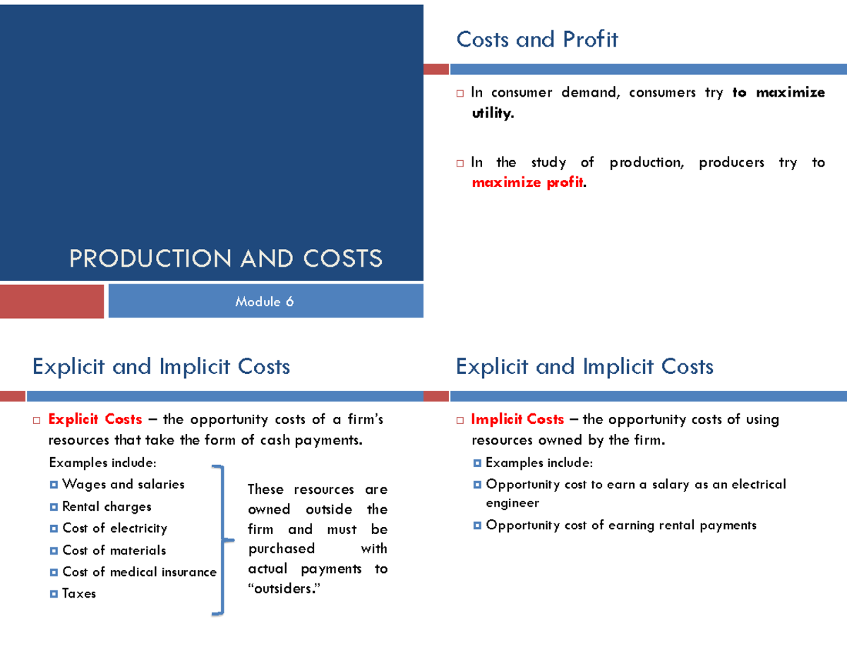 Production and Costs - PRODUCTION AND COSTS Module 6 Costs and Profit ...