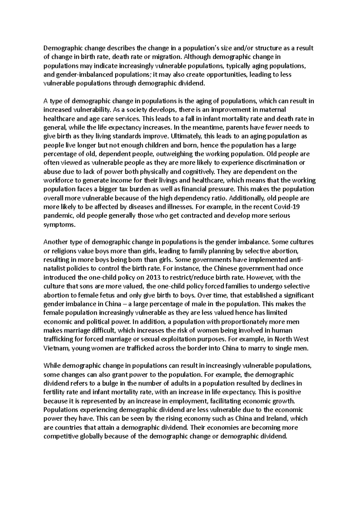 Essay prac - Demographic change describes the change in a population's ...