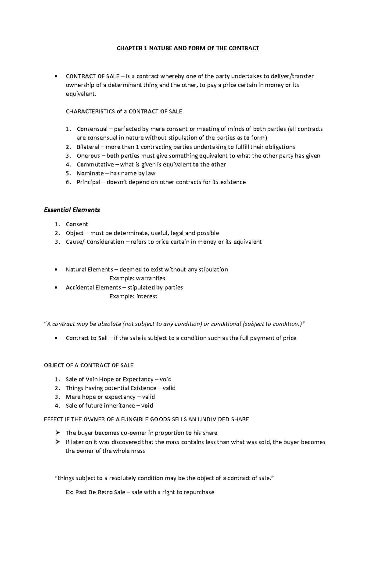 LAW ON SALES CHAPTER 1 - CHAPTER 1 NATURE AND FORM OF THE CONTRACT ...