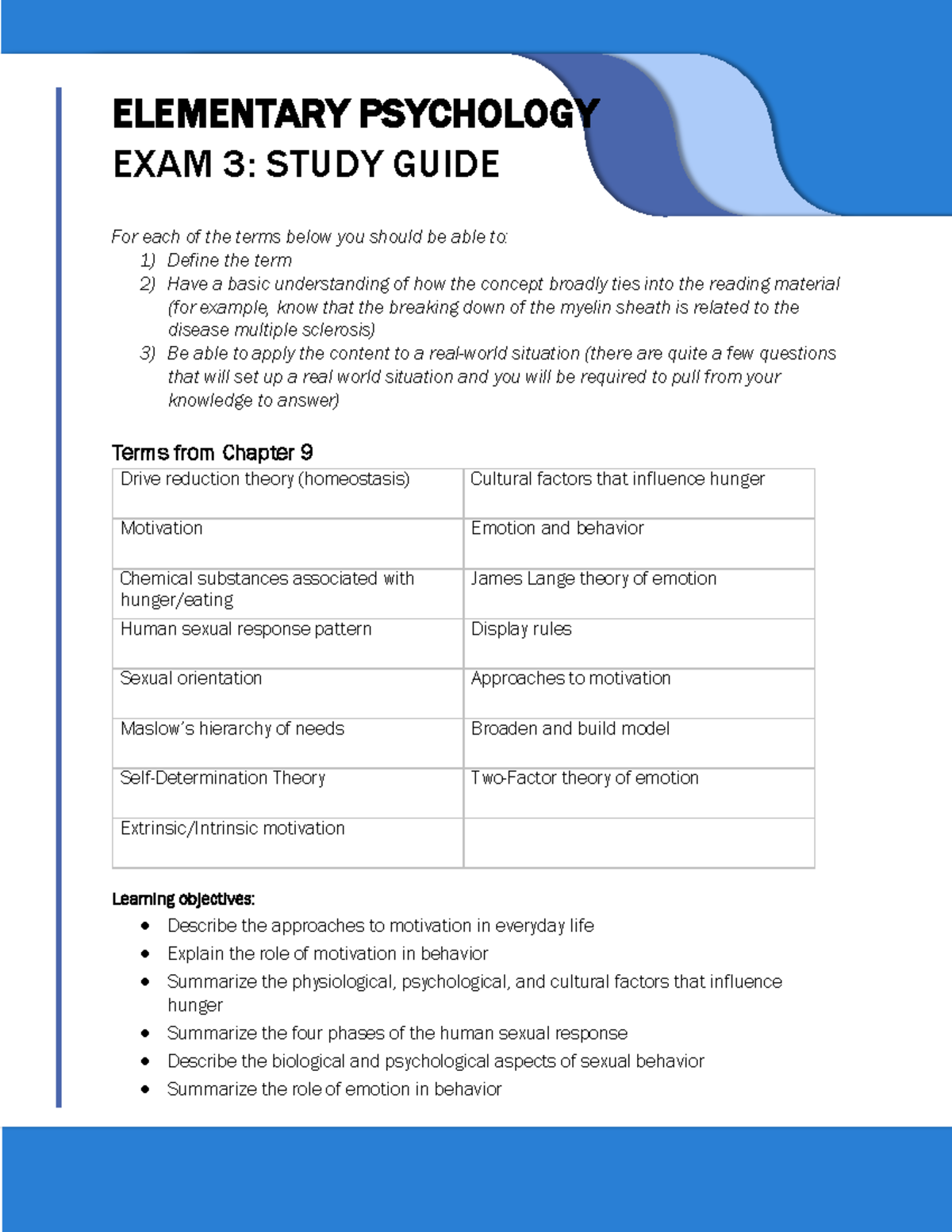 Exam 3 (Ch.9-11) Study Guide - ELEMENTARY PSYCHOLOGY EXAM 3: STUDY ...