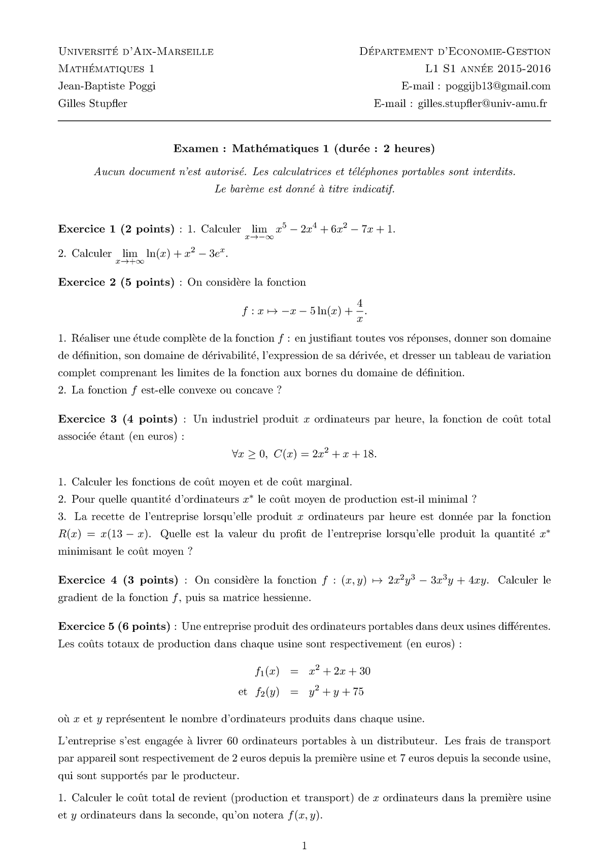 Examen 2015, Questions - Universit ́e D’Aix-Marseille D ́epartement D ...