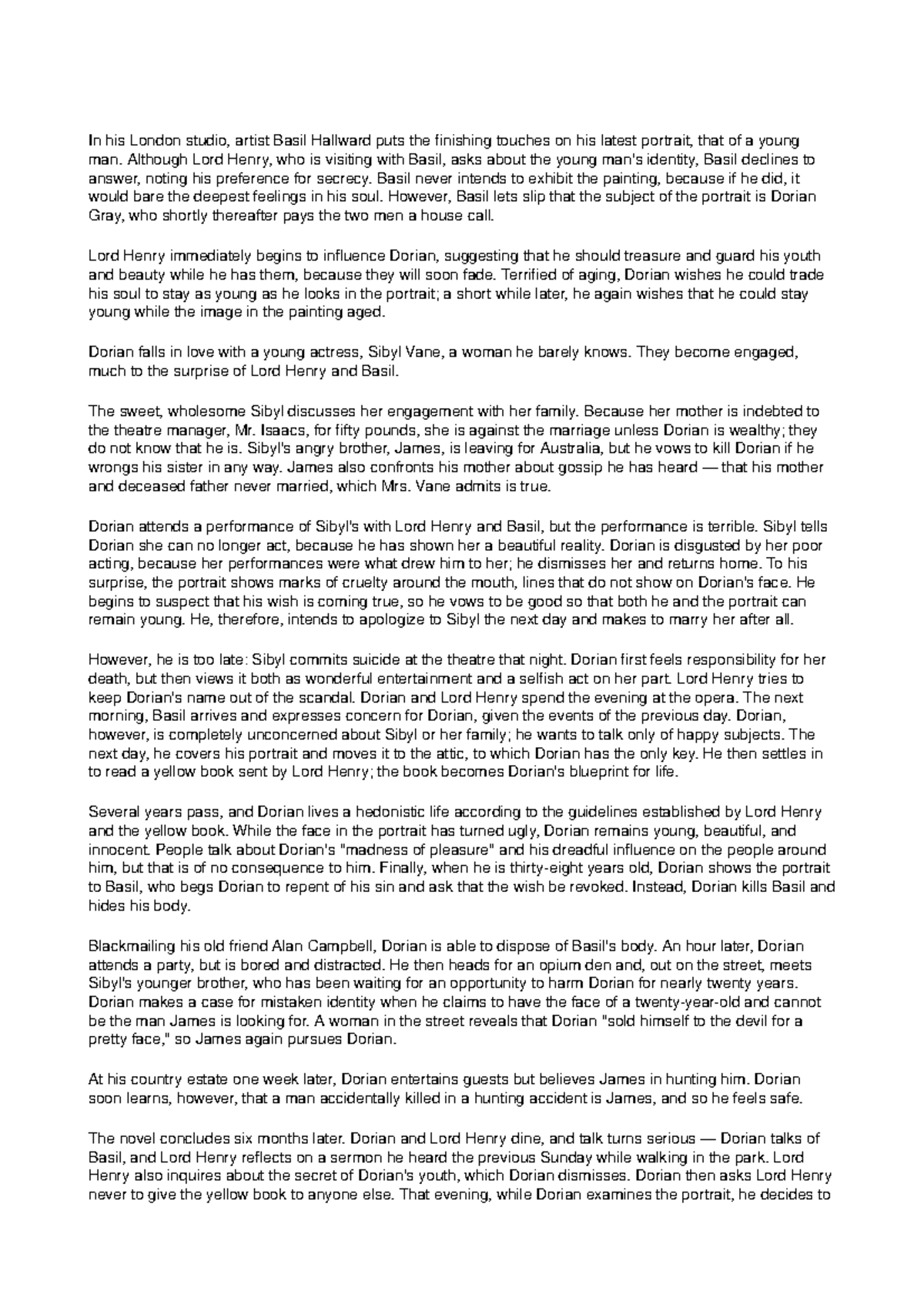 The picture of dorian gray plot In his London studio, artist Basil