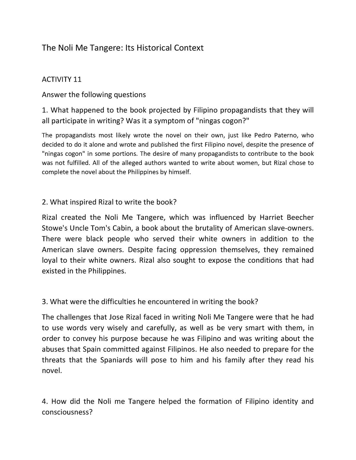 Rizal 2 - The Noli Me Tangere: Its Historical Context ACTIVITY 11 ...