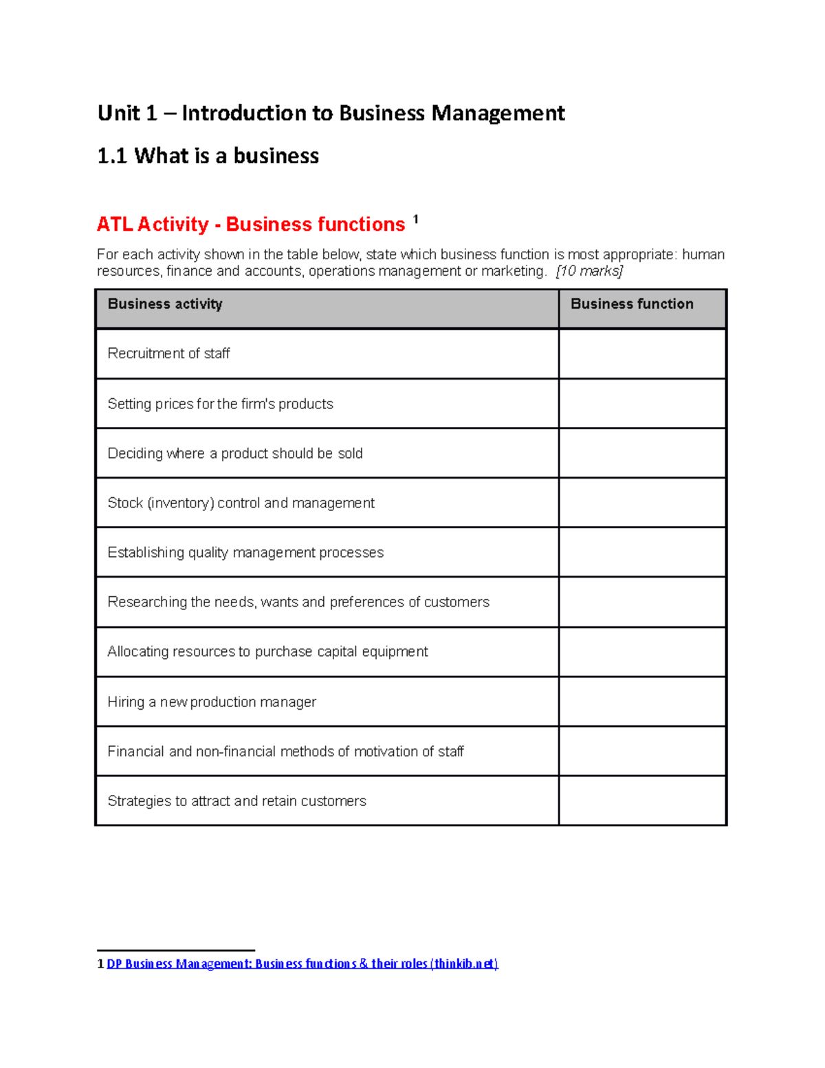 11 Worksheet Business Functions Unit 1 Introduction To Business Management 1 What Is A 3094