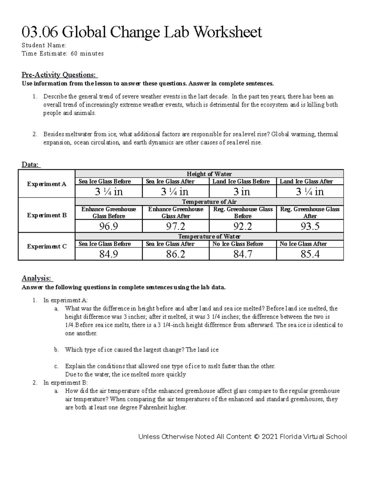 03 06 lab worksheet - science - 03 Global Change Lab Worksheet Student  Name: Time Estimate: 60 - Studocu