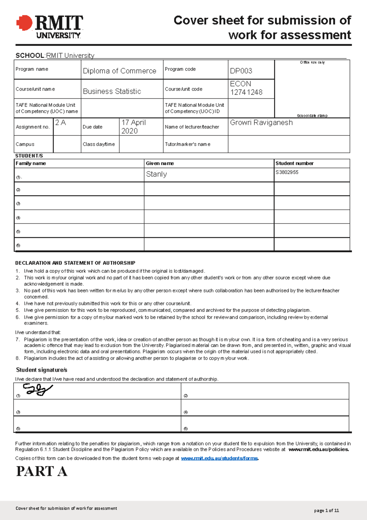 VIC 3182 Part A-B - Part of Business Statistic assignment - Cover sheet ...