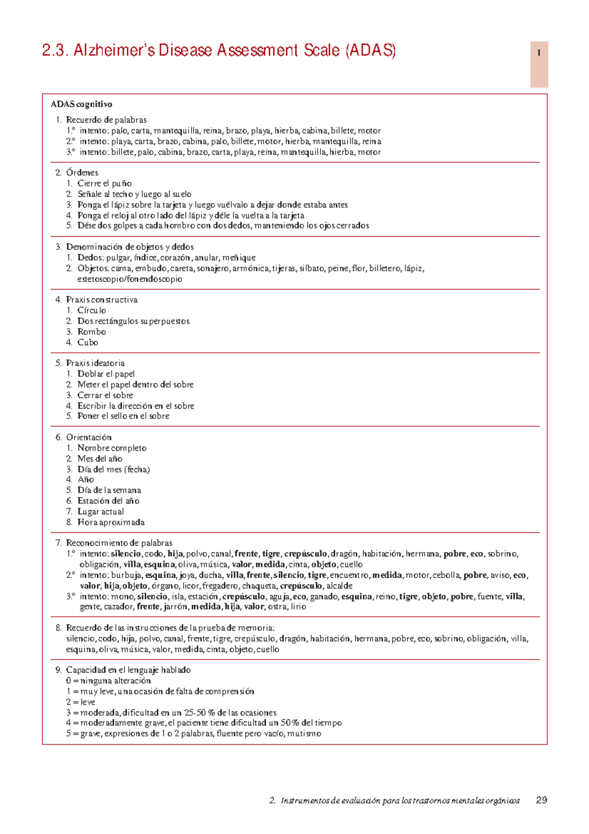 Alzheimer’s Disease Assessment Scale(ADAS) - ADAS cognitivo 1. Recuerdo ...