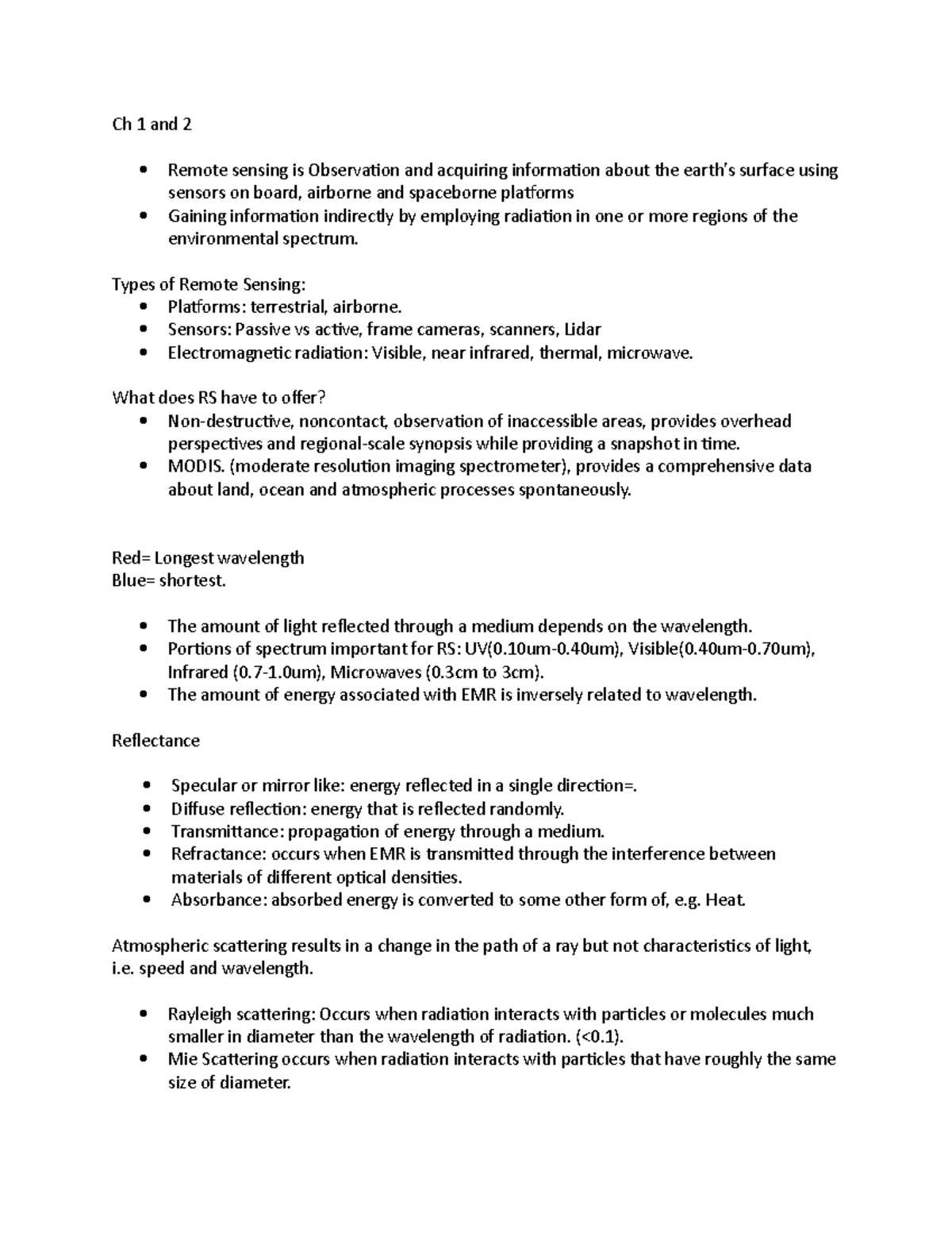 Ch 1 and 2 - Notes - Ch 1 and 2 Remote sensing is Observation and ...