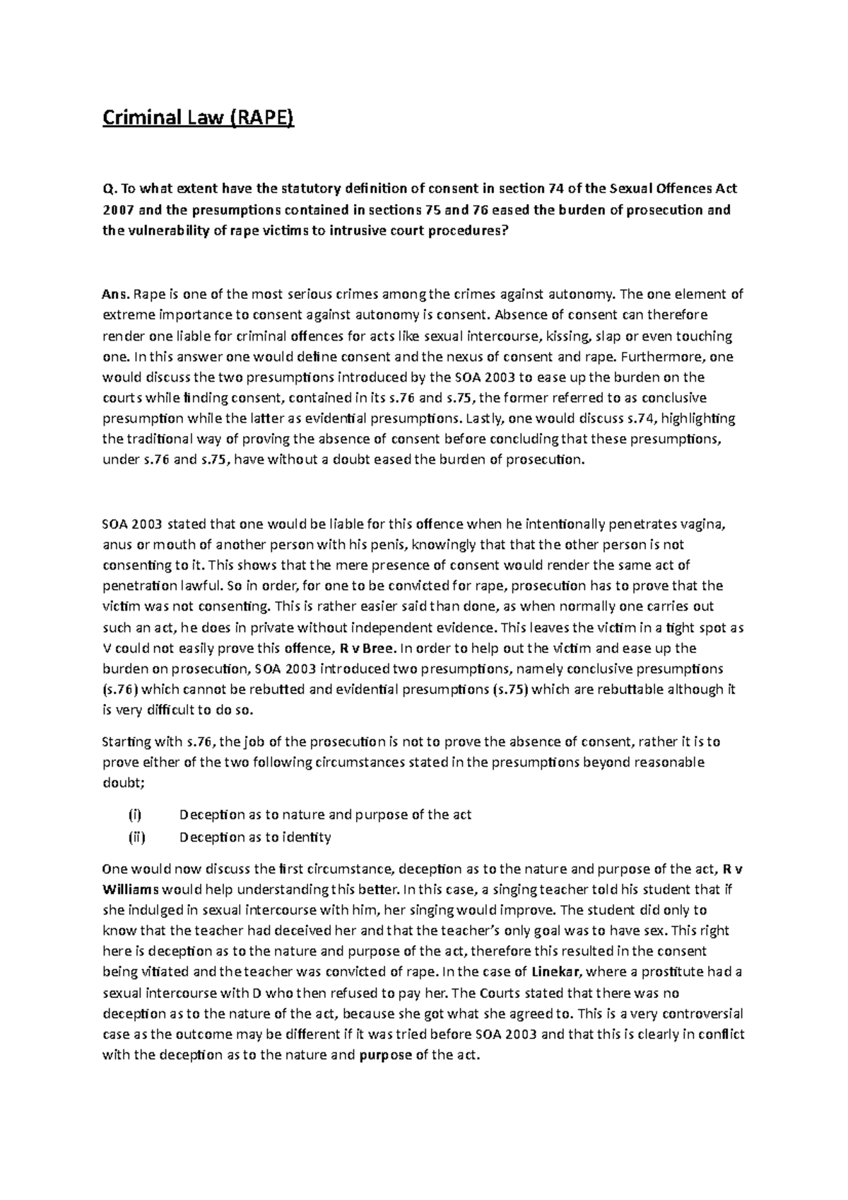 Rape-Essay - ESSAY ON RAPE - Criminal Law (RAPE) Q. To what extent have ...