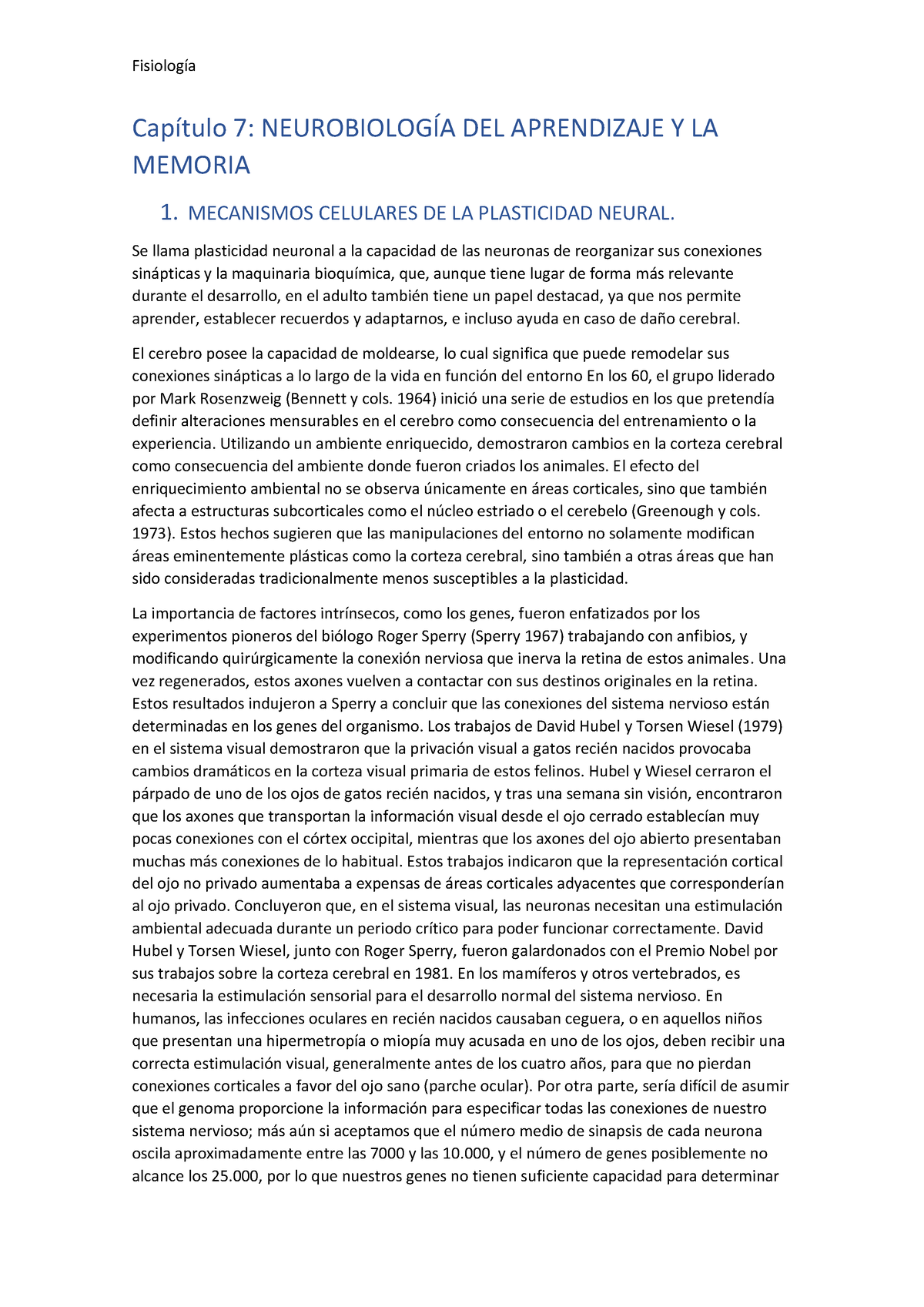 Fisiologia Apuntes Capítulo 7 NeurobiologÍa Del Aprendizaje Y La Memoria 1 Mecanismos 5955