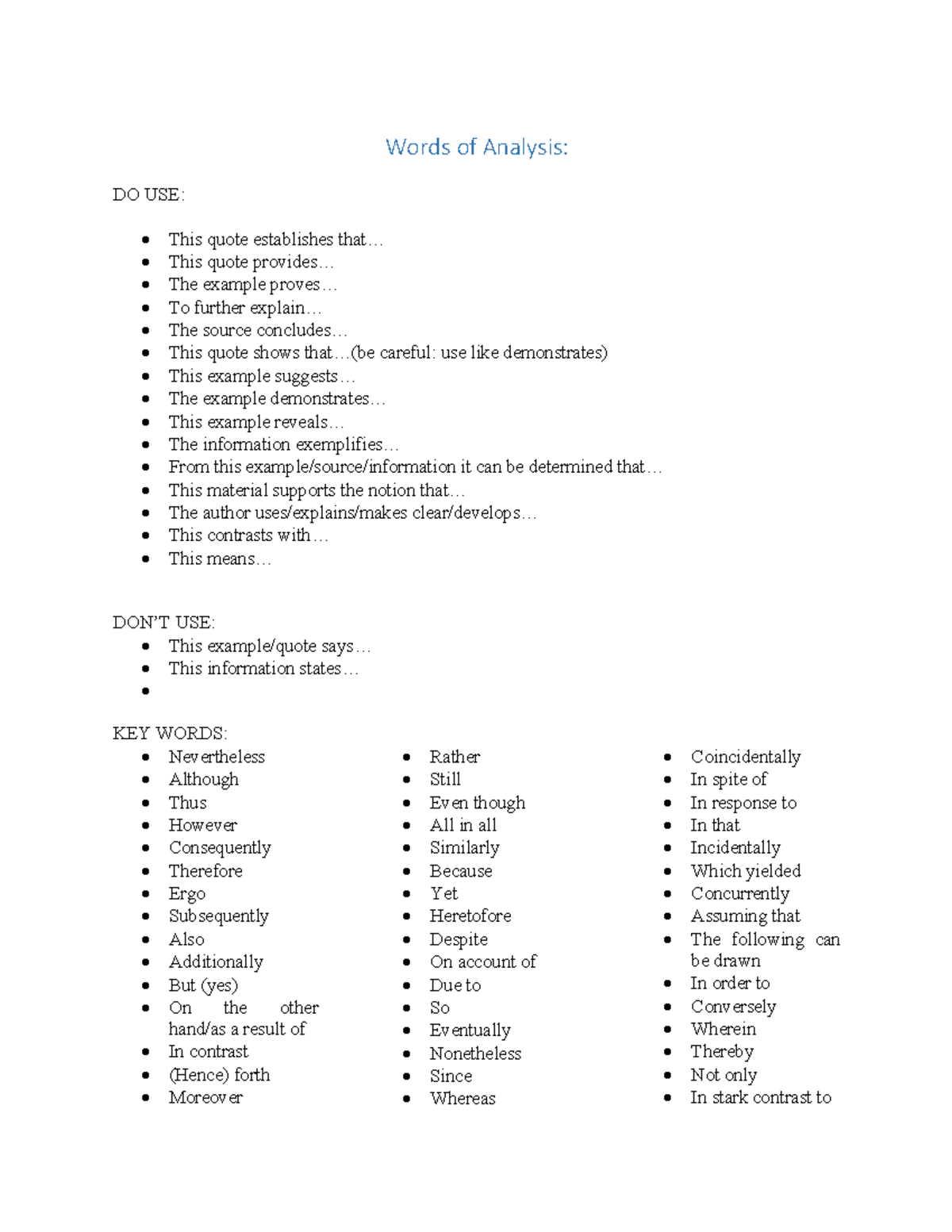 Words of Analysis for practice writing essays - Words of Analysis: DO ...